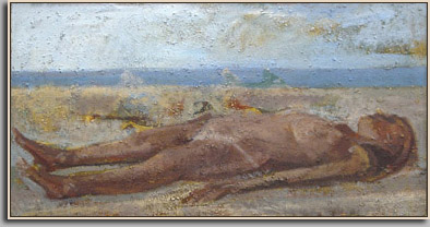 FEMALE BATHER ON THE BEACH   casein tempera/canvas   24½ x 48"