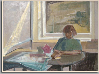 LAUREN AT THE TABLE   casein tempera/canvas   35½ x 48"