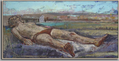 MALE BATHER ON THE BEACH   casein tempera/canvas   29¾ x 60"